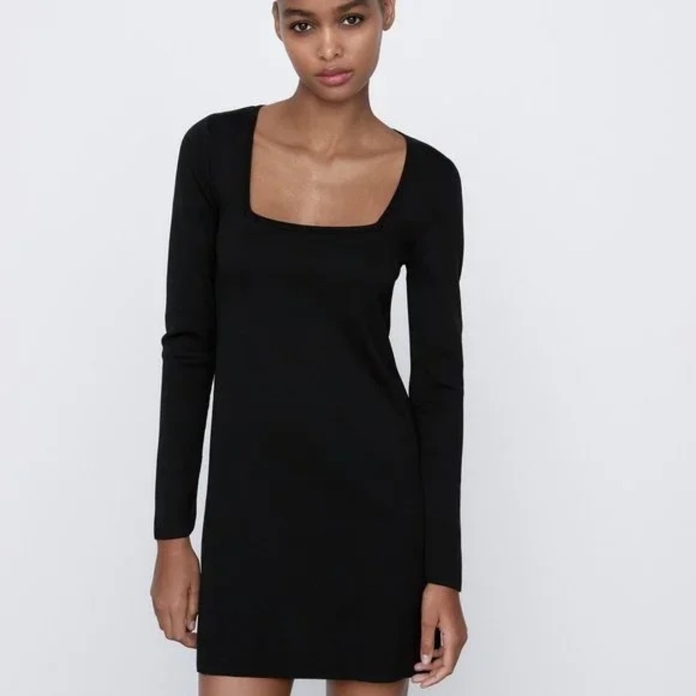 Zara Knit Square Neck Long Sleeve Black Dress Brand New